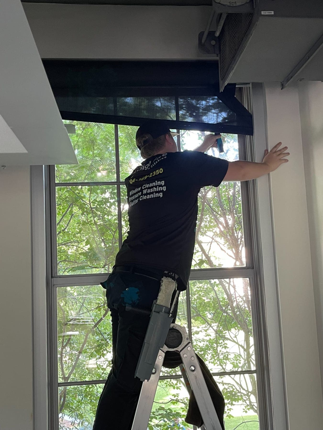 A High Five cleaner on a ladder, cleaning a window screen from inside